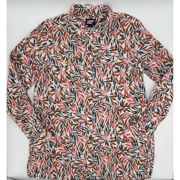 Lands' End Tops - Lands' End Women's M 10-12 Linen A-Line Long Sleeve Tunic Top Ivory Multi Leaves
